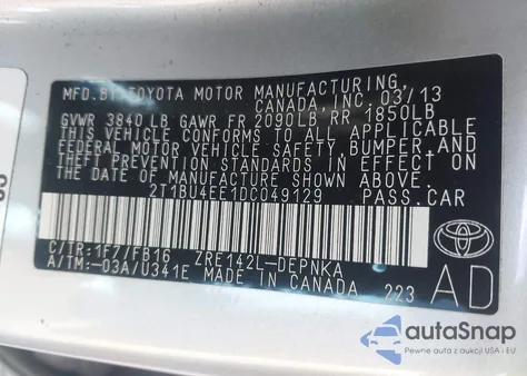 2013 Toyota Corolla Le from USA, damaged, VIN 2T1BU4EE1DC049129